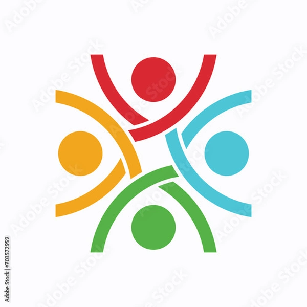 Fototapeta Dynamic Community Interaction Logo - Four Colorful Abstract Figures in Energetic Poses Symbolizing Joyful Social Connection and Active Engagement
