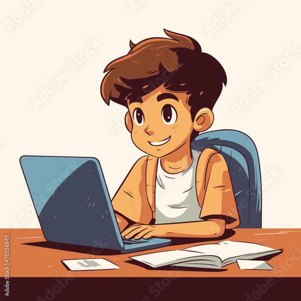 Fototapeta Kid using laptop computer for learning