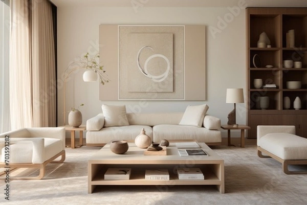 Fototapeta A cozy indoor oasis featuring a stylish living room with a chic couch, inviting coffee table, and a window overlooking the bustling cityscape