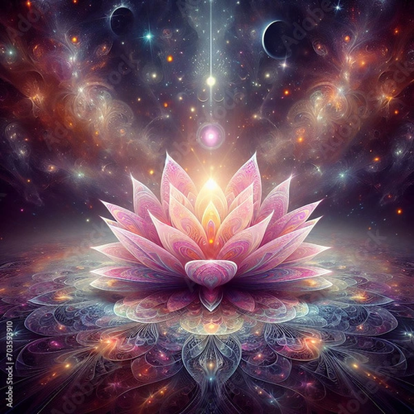 Fototapeta Radiant Zen lotus flower - a spiritual symbol of purity, strength, resilience, and rebirth, Water Lily, enlightenment or meditation and universe, magic scene, abstract illustration