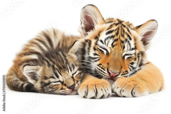 Fototapeta 寄り添って眠るトラの子供と子猫(背景無し,白背景)