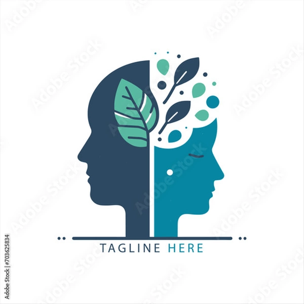 Obraz Brain tree leaf nature wtih minimalist style. Fresh mind logo concept. Brain With leaf Logo. Mental health awareness. two people with a fresh mind