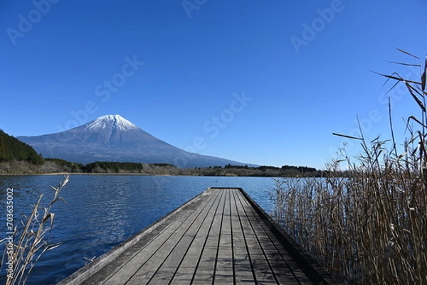 Obraz 静岡県の朝霧高原にある田貫湖の桟橋と富士山の眺め