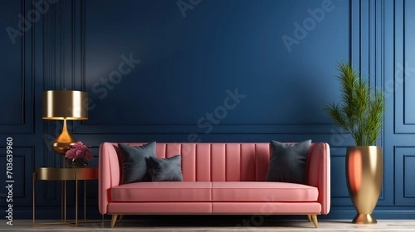 Obraz Luxury modern interior of living room ,Living coral decor concept ,blue navy sofa and gold table with gold lamp on light ping wall and woodfloor ,3d render