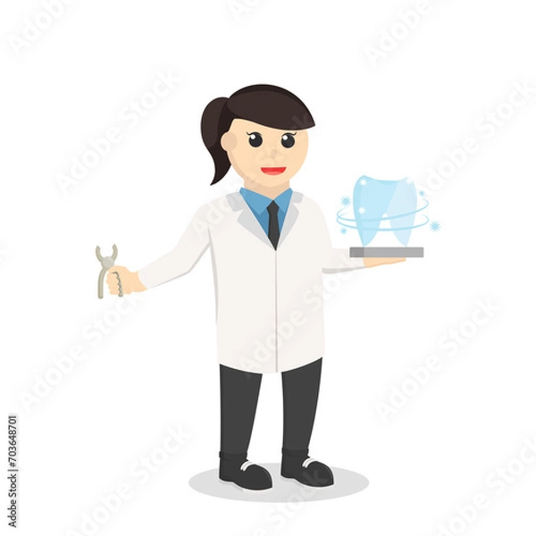 Fototapeta dentist woman with shiny tooth design character on white background