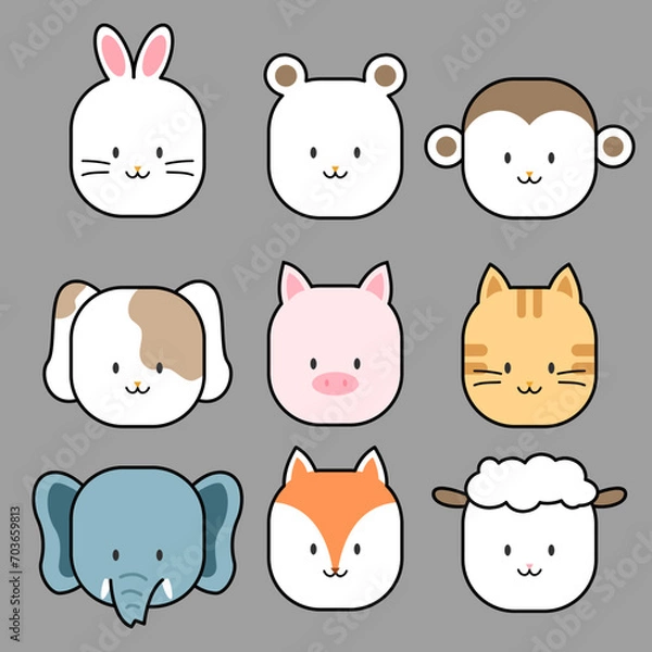 Fototapeta set of cute  animal face, doodle hand drawn for do student worksheets, celebrating document and other. vector, illustration design.