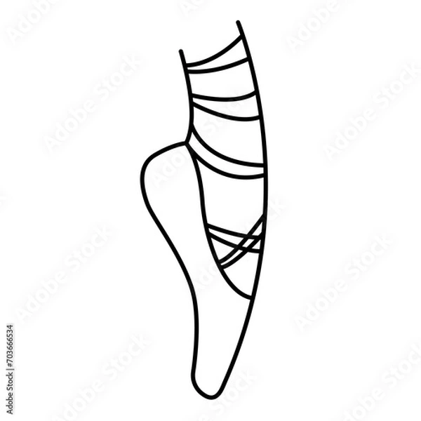 Fototapeta A foot in pointe shoes, feet wearing pointe shoes, 
dancing shoes or slippers in en pointe position flat vector icon, 
ballet dance studio symbol, linear icon of pointe shoes.
