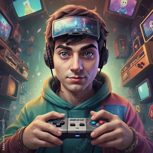 Fototapeta Eclectic Gamer - Close-up flat illustration of a gamer with a Nintendo console and tube TV, featuring opulent jewel tones and shimmering metallic highlights Gen AI