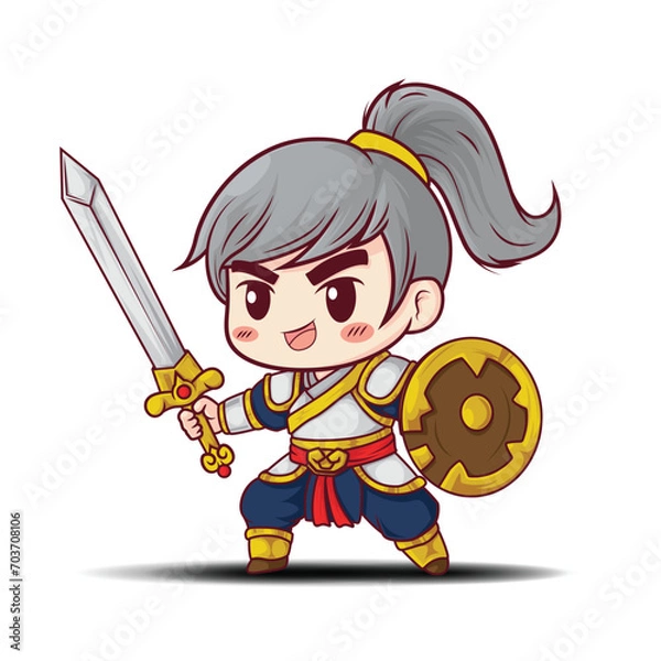 Fototapeta Cute Chinese Warrior Character., vector shibi cartoon.