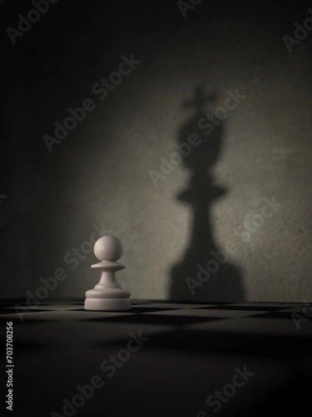 Fototapeta 3D rendering, White chess pawn with the shadow of a king,  Think Big concept.