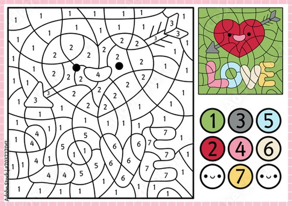 Fototapeta Vector Saint Valentine color by number activity with cute kawaii heart pierced with arrow, lettering. Love holiday scene. Black and white counting game with funny word. Coloring page for kids.