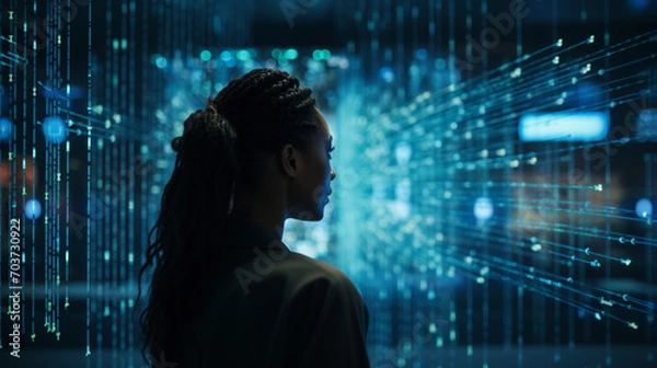 Fototapeta Young Woman Looking at Digital Screen Displaying code Lines. Professional Programmer Developing a Big Data Interface Software Project.