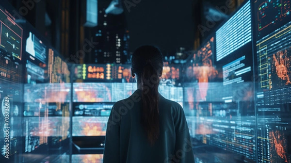 Fototapeta Young Woman Looking at Digital Screen Displaying code Lines. Professional Programmer Developing a Big Data Interface Software Project.