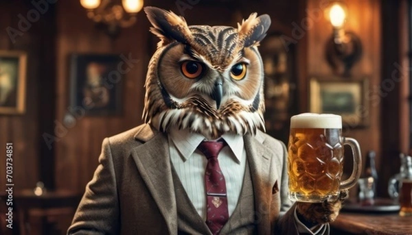 Fototapeta  a man in a suit and tie holding a mug of beer with an owl's head on top of the mug in front of the man's face.