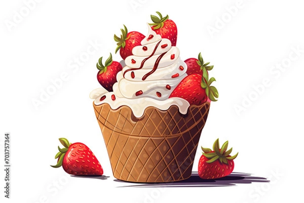 Obraz illustration of an ice cream set. Different types and tastes of cold desserts cups cones soft serve bars sticks popsicles frozen juice in waffles and on sticks. Vintage hand-drawn style generative ai