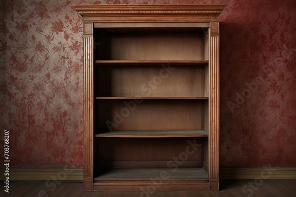 Obraz Old, wooden, bookcase with empty shelves against the wall