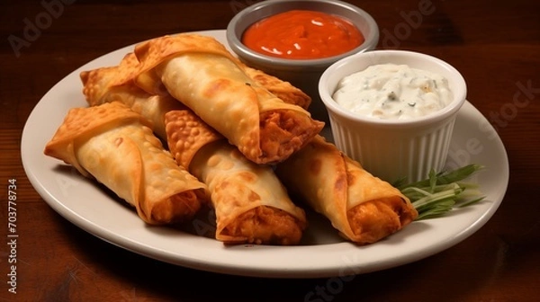 Fototapeta A plate of buffalo chicken egg rolls with blue cheese dip