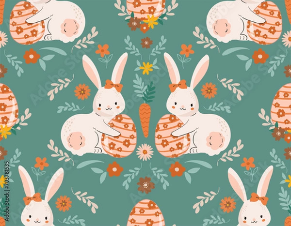 Fototapeta Easter pattern  rabbit bunny, eggs, flowers. Vector Seamless spring seamless background