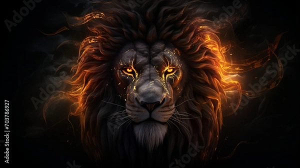 Fototapeta Burning Royalty: Pop Art Style Lion King Head in Gold on a Dark Canvas