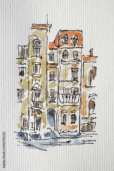 Fototapeta House sketch created with liner and watercolor. Color illustration on watercolor paper