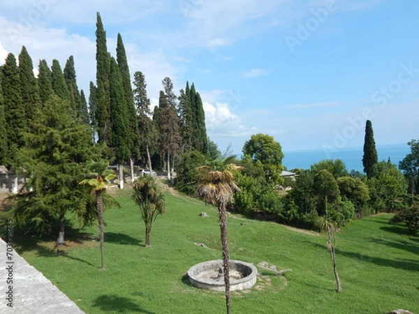 Fototapeta New Athos monastery park panoramic view in Georgia, Abkhazia.