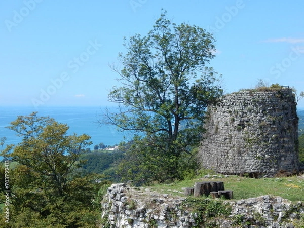 Fototapeta Coastline view from ancient Anacopia Fortress ruins, Abkhazia, Georgia, New Athos