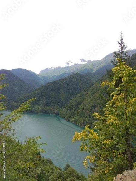 Fototapeta Ritsa lake panoramic mountain view in Abkhazia, Georgia