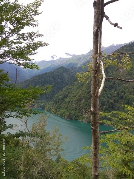 Fototapeta Ritsa lake panoramic mountain view in Abkhazia, Georgia