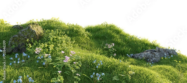Fototapeta Verdant Hill Blooming with Yellow Flowers in Spring. 3D render.	
