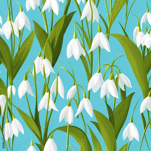 Fototapeta seamless pattern of white snowdrops Galanthus on blue background, early spring flower bloom, primrose garden, spring gardening, wallpaper and floral background postcard. First spring flowers, winter.