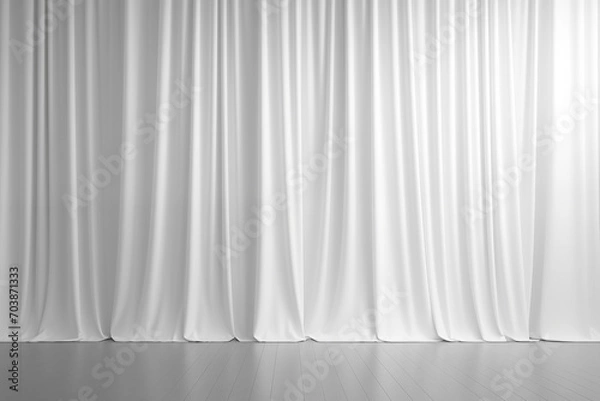 Fototapeta Empty white room with large white curtains, minimal style.