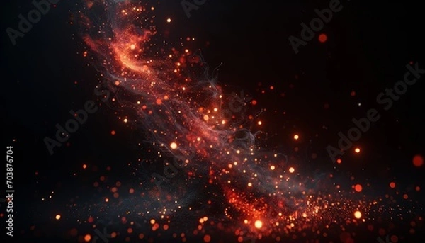 Fototapeta Red-orange fire embers floating against a black background, depicting floating sparks and abstract glittering particles mimicking the luminous trails of burning cinders in darkness