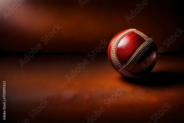 Fototapeta Picture a mesmerizing stock photo showcasing a cricket ball in exquisite detail, illuminated by perfect lighting that highlights its surface and stitching.

