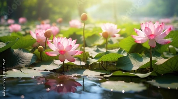 Fototapeta Beautiful pink lotus flowers in the lake, generative AI