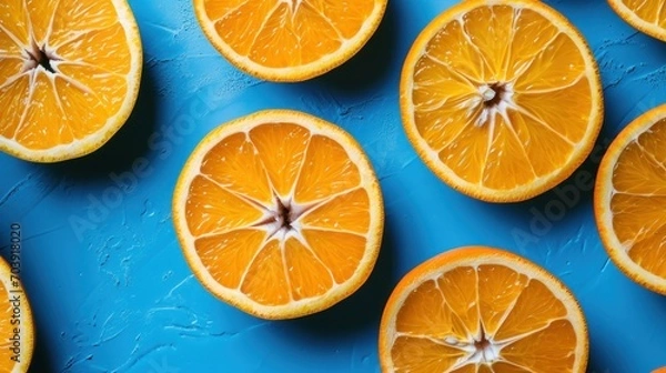 Fototapeta Citrus Symphony, A Vibrant Ensemble of Halved Oranges Dancing on a Serene Azure Canvas