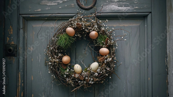 Fototapeta A beautiful, handmade, Easter Holiday wreath decorated with eggs and organic materials, hanging on a rustic, wooden front door of a rural home in the countryside. 