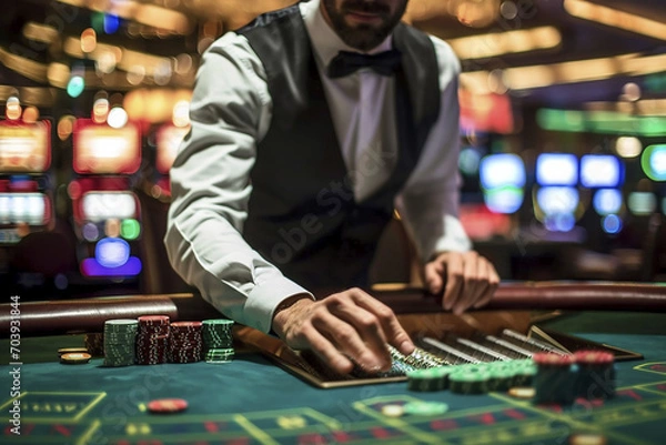 Obraz Casino Illustration with Chips, Dice, Slot Machines, and Players