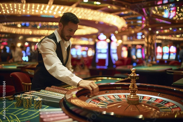 Obraz Casino Illustration with Chips, Dice, Slot Machines, and Players