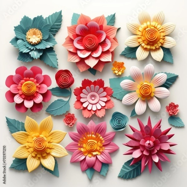 Fototapeta Set of bright cartoon flowers icons isolated on a white background. Flowers stickers and icons design. Set of cute stylized flowers. Children's flowers art concept. Collection of stickers and icons.