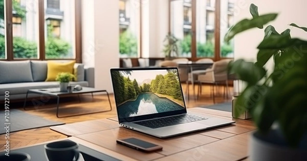 Fototapeta A Modern Laptop Seamlessly Blending into the Decor of a Coffee Table in an Up-to-Date Flat