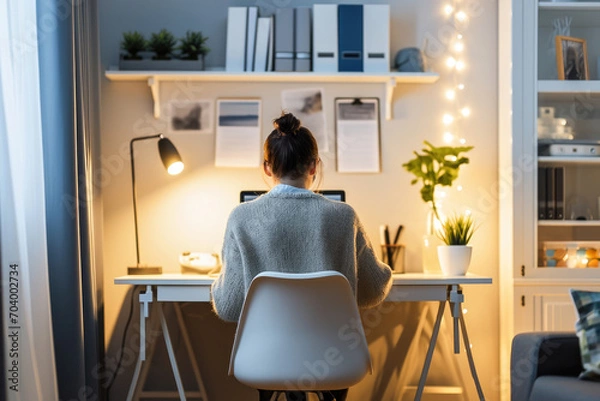 Obraz A woman focusing on her work at a cozy home office setup with a computer and warm ambient lighting.