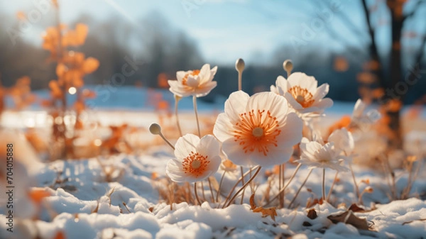 Fototapeta The beginning of Spring. New born flowers in the nature, melting snow around spring flowers, blooming season, sun, spring colors. Close up of blooming flower in nature in Spring.