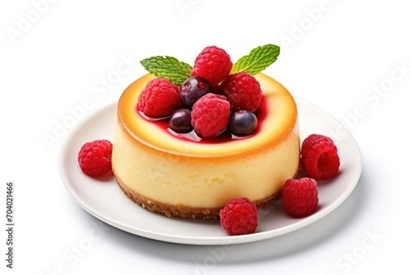 Fototapeta  a white plate topped with a cheesecake covered in raspberries and topped with a green leaf and surrounded by raspberries on top of a white plate.