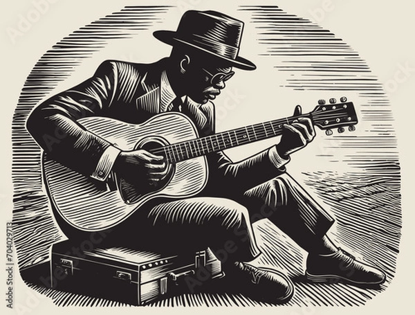 Obraz Vector Drawing of a Blues Musician in the Woodcut Style