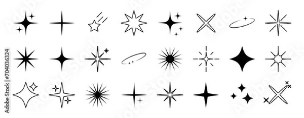 Obraz Retro futuristic sparkle icons collection. Set of star shapes. Abstract shine symbols, Y2k elements. Perfect for design posters, projects, banners, logo. Vector illustration