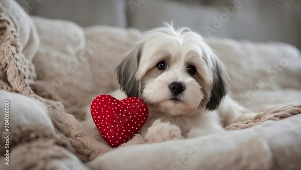 Fototapeta puppy in a heart  A havanese puppy with a silky cream coat and gray spots is holding a red heart-shaped pillow