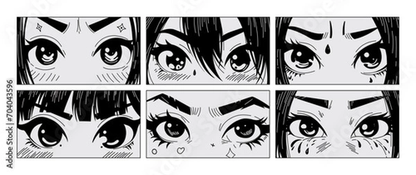 Fototapeta Asian eyes look manga style. Comic anime characters, hand drawn korean japanese cartoon faces with different emotions. Vector cartoon set