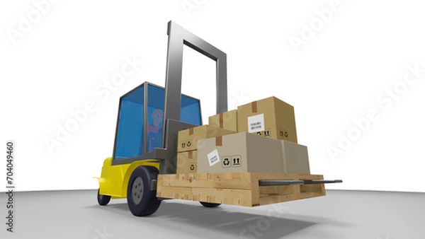 Obraz Forklift Operator use forklift to lift and move packages from one place to another. 3d render. 
