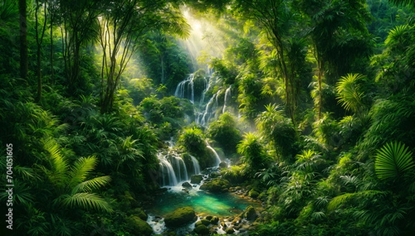 Fototapeta Tropical Rainforest with Cascading Waterfall