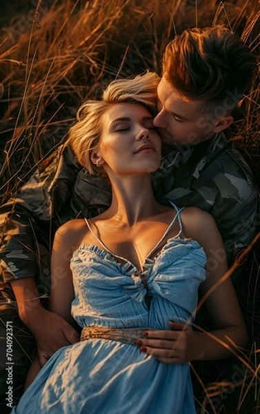 Fototapeta Confident Woman in Blue Dress with Military Man at Sunset